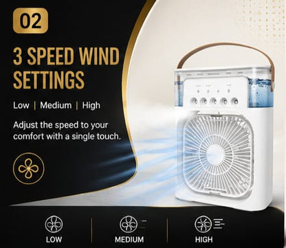 Portable Rechargeable Air Cooler Fan with Mist Spray, LED Light & USB Charging | Mini Cooling Fan for Home, Office & Travel