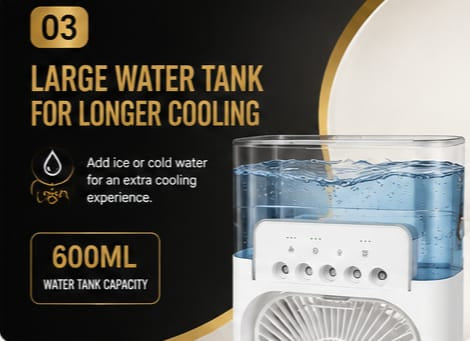 Portable Rechargeable Air Cooler Fan with Mist Spray, LED Light & USB Charging | Mini Cooling Fan for Home, Office & Travel