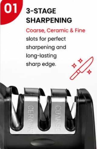 Professional 3-Stage Knife Sharpener | Manual Kitchen Knife Sharpening Tool with Ergonomic Handle