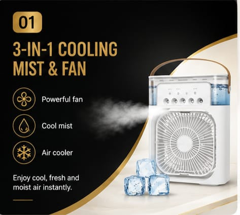 Portable Rechargeable Air Cooler Fan with Mist Spray, LED Light & USB Charging | Mini Cooling Fan for Home, Office & Travel