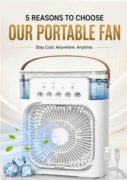 Portable Rechargeable Air Cooler Fan with Mist Spray, LED Light & USB Charging | Mini Cooling Fan for Home, Office & Travel