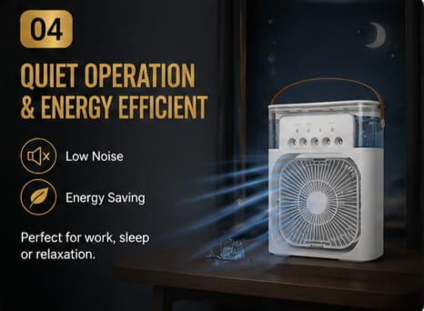 Portable Rechargeable Air Cooler Fan with Mist Spray, LED Light & USB Charging | Mini Cooling Fan for Home, Office & Travel